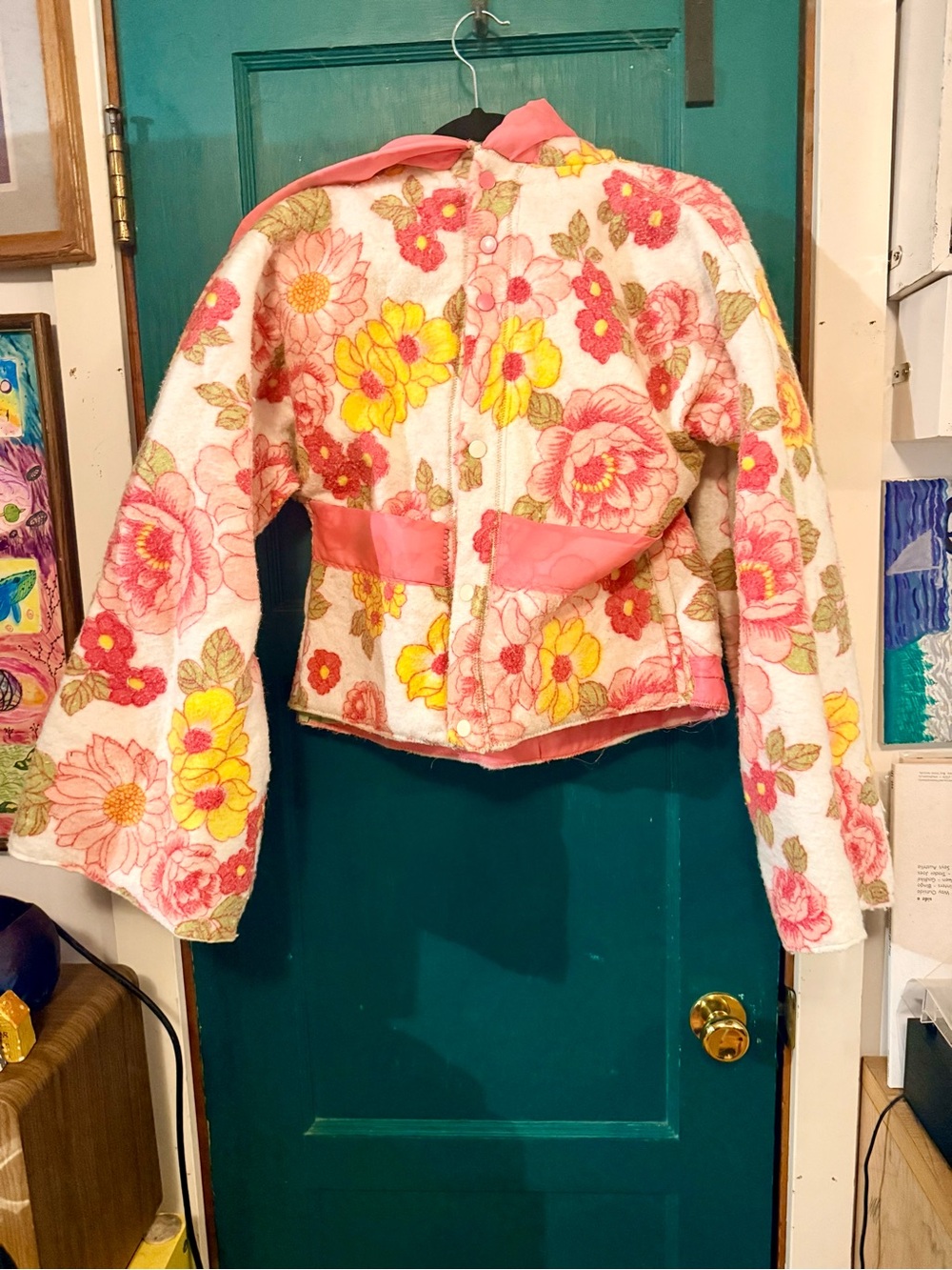 Handmade Upcycled Floral Pink & Yellow Hooded Jacket